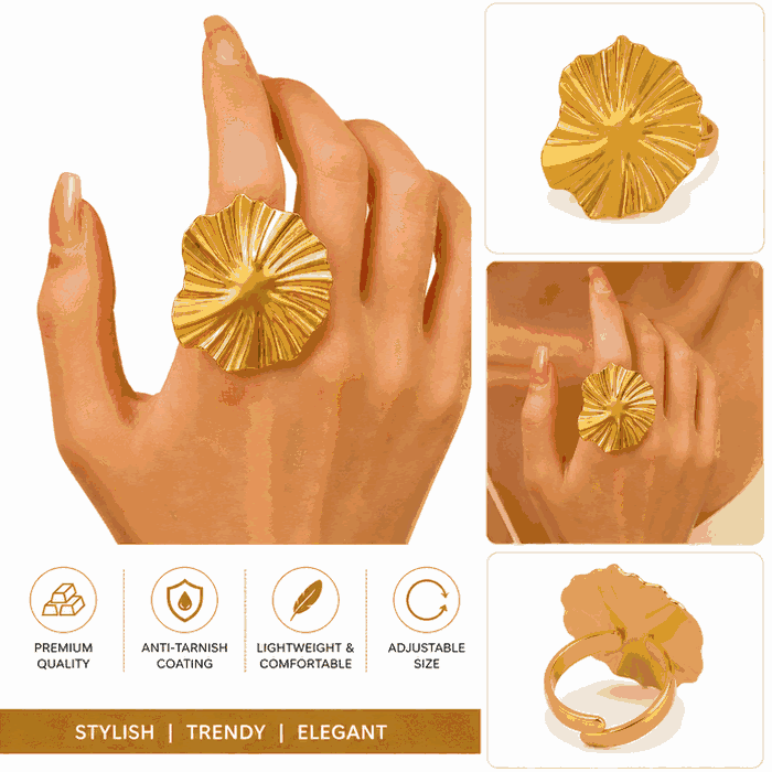 Elegant Gold-Tone Floral Statement Ring for Women & Girls | Adjustable Fashion Finger Ring — view 1