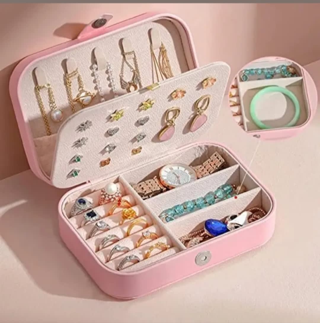 Pack of 2 Portable PU Leather Travel Jewelry Organizer Boxes | Ring, Earring & Necklace Storage Case | Pink & Beige — thumbnail 2