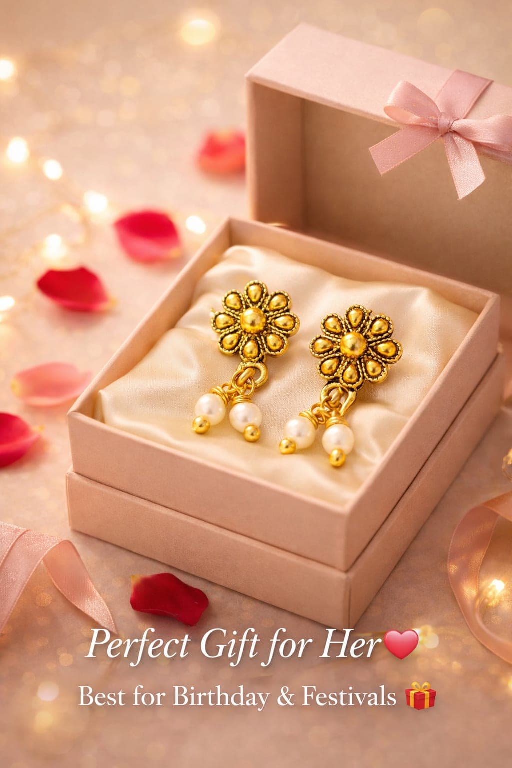 Traditional Oxidized Gold Flower Pearl Drop Stud Earrings for Women & Girls | Lightweight Ethnic Earrings | Pair of 1 — thumbnail 3