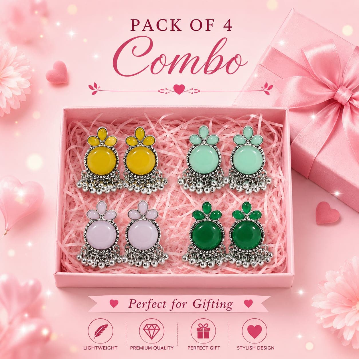 Pack of 4 Oxidised Jhumka Earrings Combo for Women & Girls | Multicolor Traditional Drop Earrings Set | Ethnic Fashion Jewellery — thumbnail 2