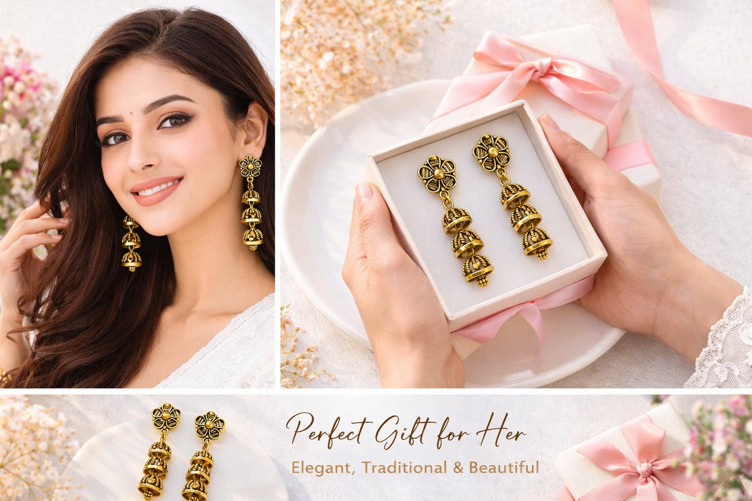 Traditional Oxidized Gold Triple Jhumki Drop Earrings for Women & Girls | Floral Ethnic Long Earrings | Pair of 1 — thumbnail 3