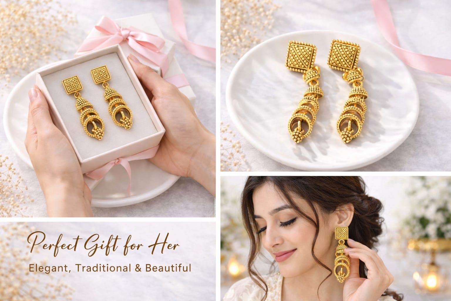 Antique Gold Plated Geometric Drop Earrings for Women | Traditional Ethnic Dangler Earrings | Lightweight Fashion Jewellery — thumbnail 2