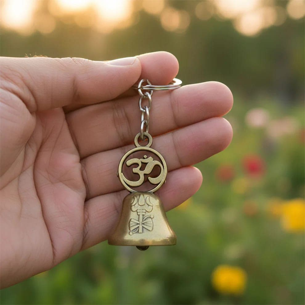 Vintage Brass Finish Bell Keychain with Om Symbol | Metal Lucky Key Ring for Car, Bike, Home & Office Keys | Decorative Religious Key Holder — thumbnail 3