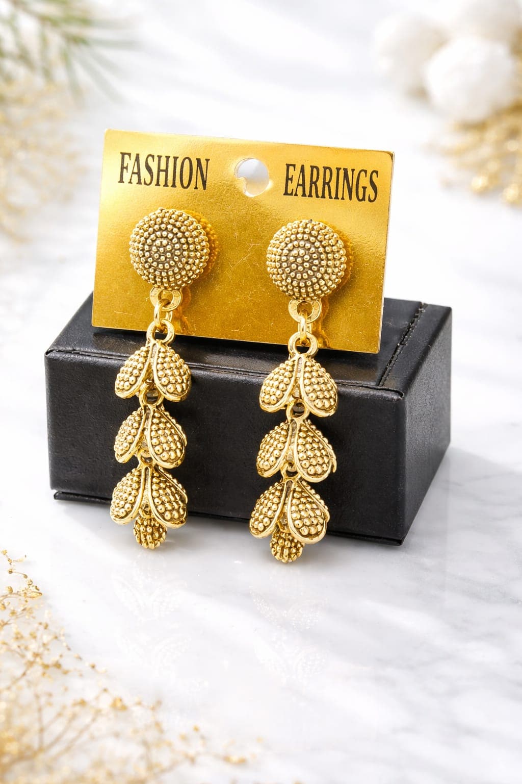 Antique Gold Plated Leaf Drop Earrings for Women | Traditional Ethnic Dangler Earrings | Lightweight Fashion Jewellery — view 1