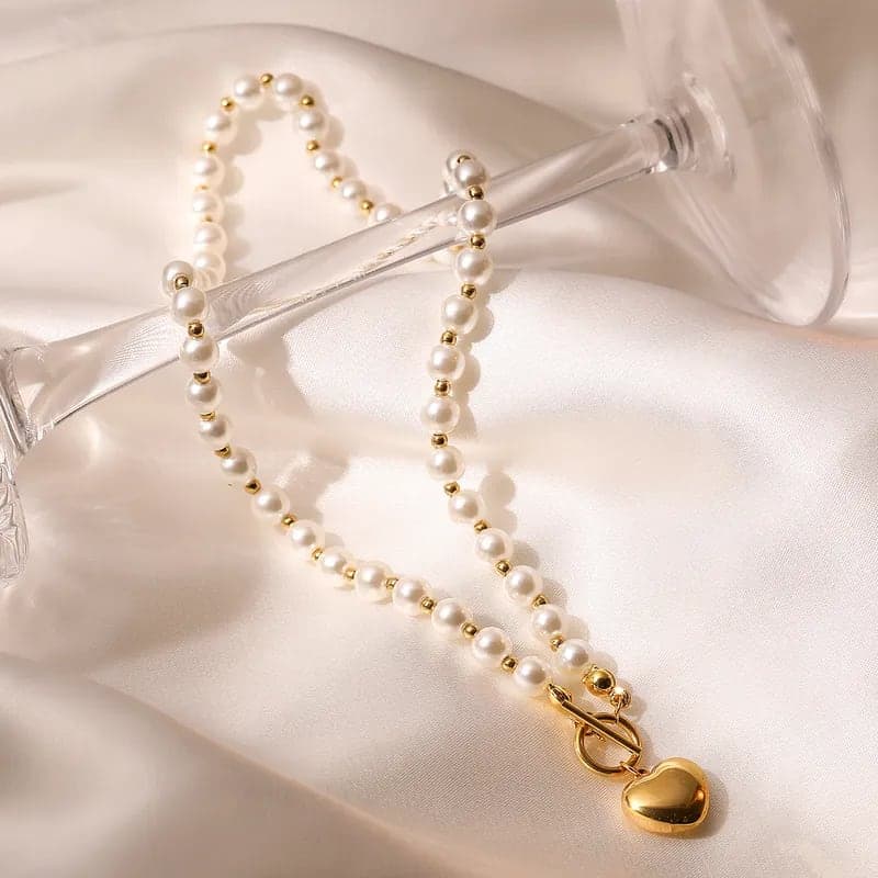Elegant Pearl Beaded Heart Pendant Necklace for Women & Girls | Gold-Tone Chain | Fashion Jewelry — thumbnail 3