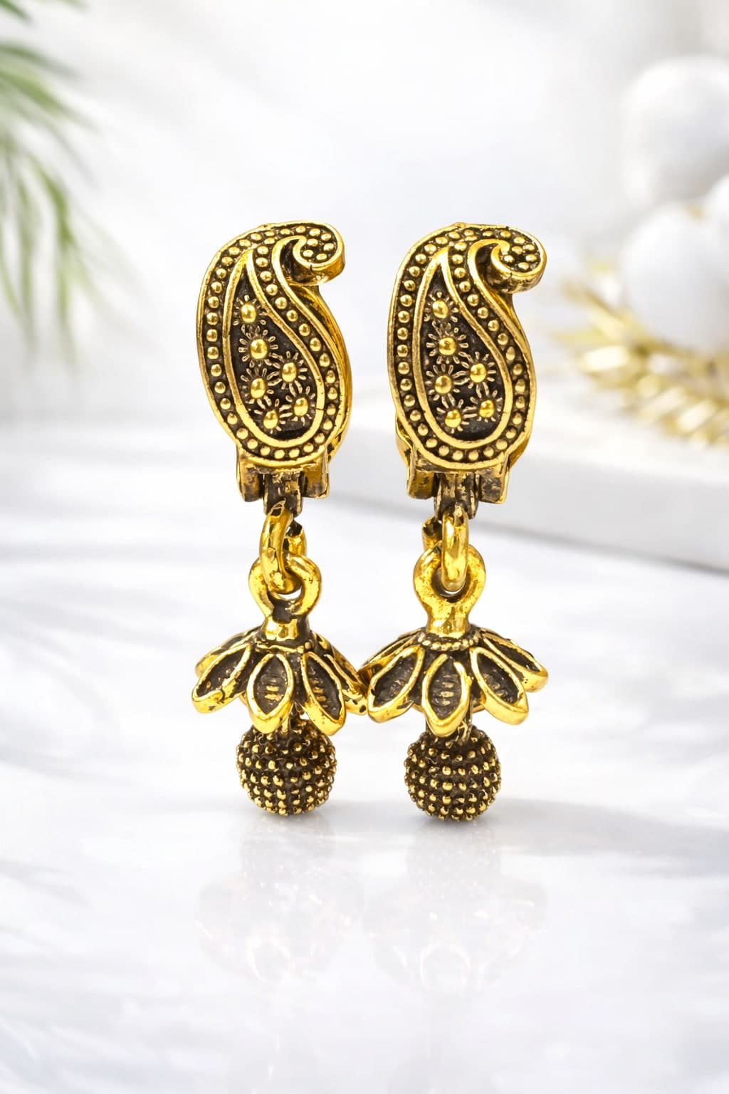 Antique Gold Plated Paisley Drop Earrings for Women | Traditional Ethnic Dangler Earrings | Lightweight Party & Festive Wear — view 1