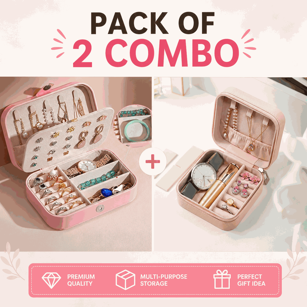 Pack of 2 Portable PU Leather Travel Jewelry Organizer Boxes | Ring, Earring & Necklace Storage Case | Pink & Beige — view 1