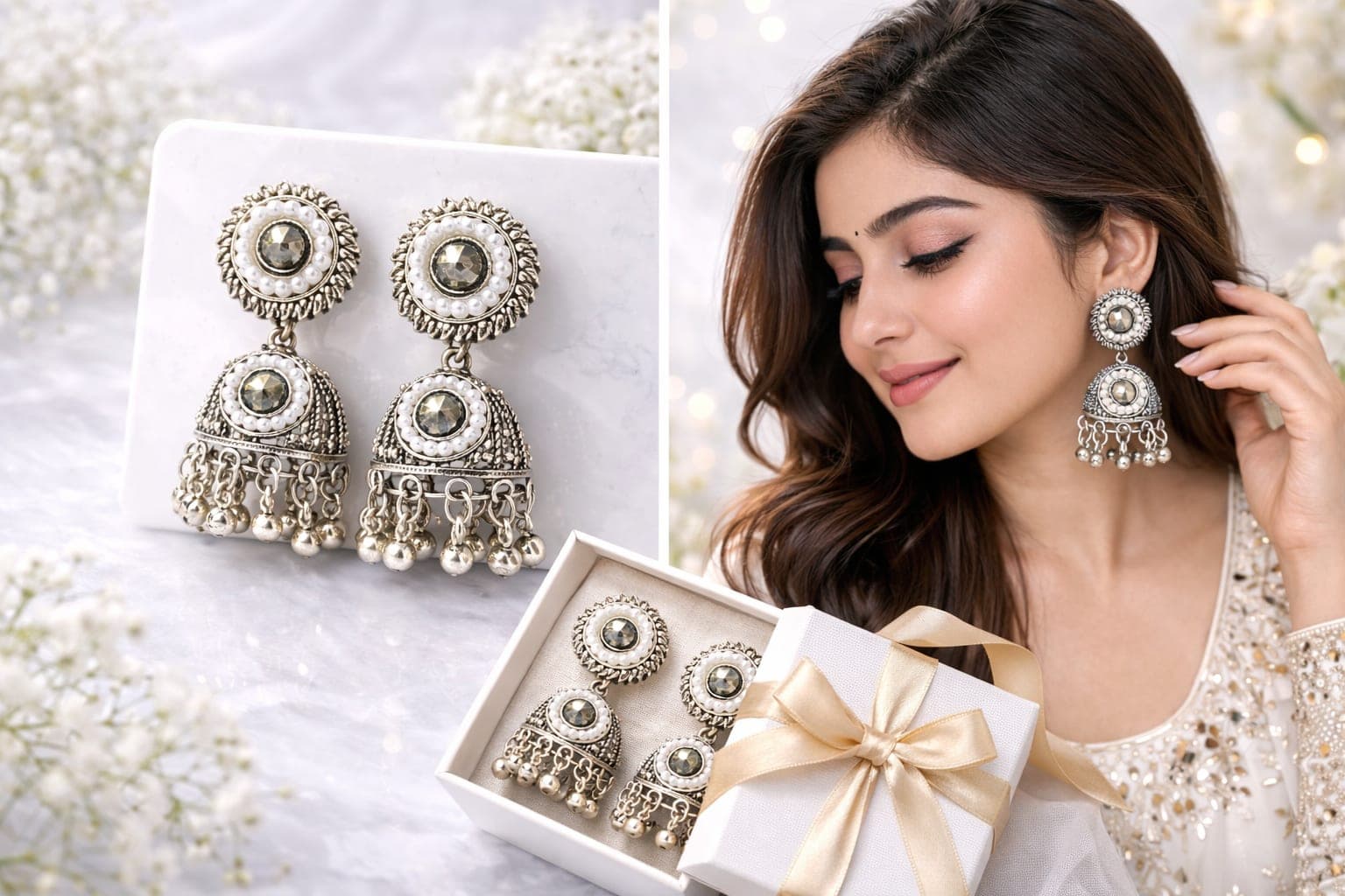 Oxidised Silver Plated Pearl Jhumka Earrings for Women | Traditional Dome Dangler Earrings with Crystal Stone — thumbnail 3