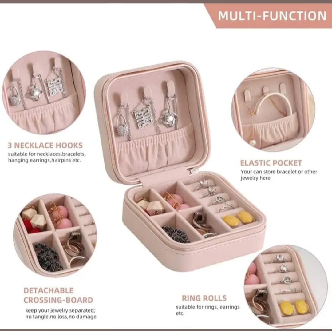 Portable Travel Jewelry Organizer Box with Zipper | PU Leather Ring, Earring & Necklace Storage Case | Beige | 1 Pc — thumbnail 3